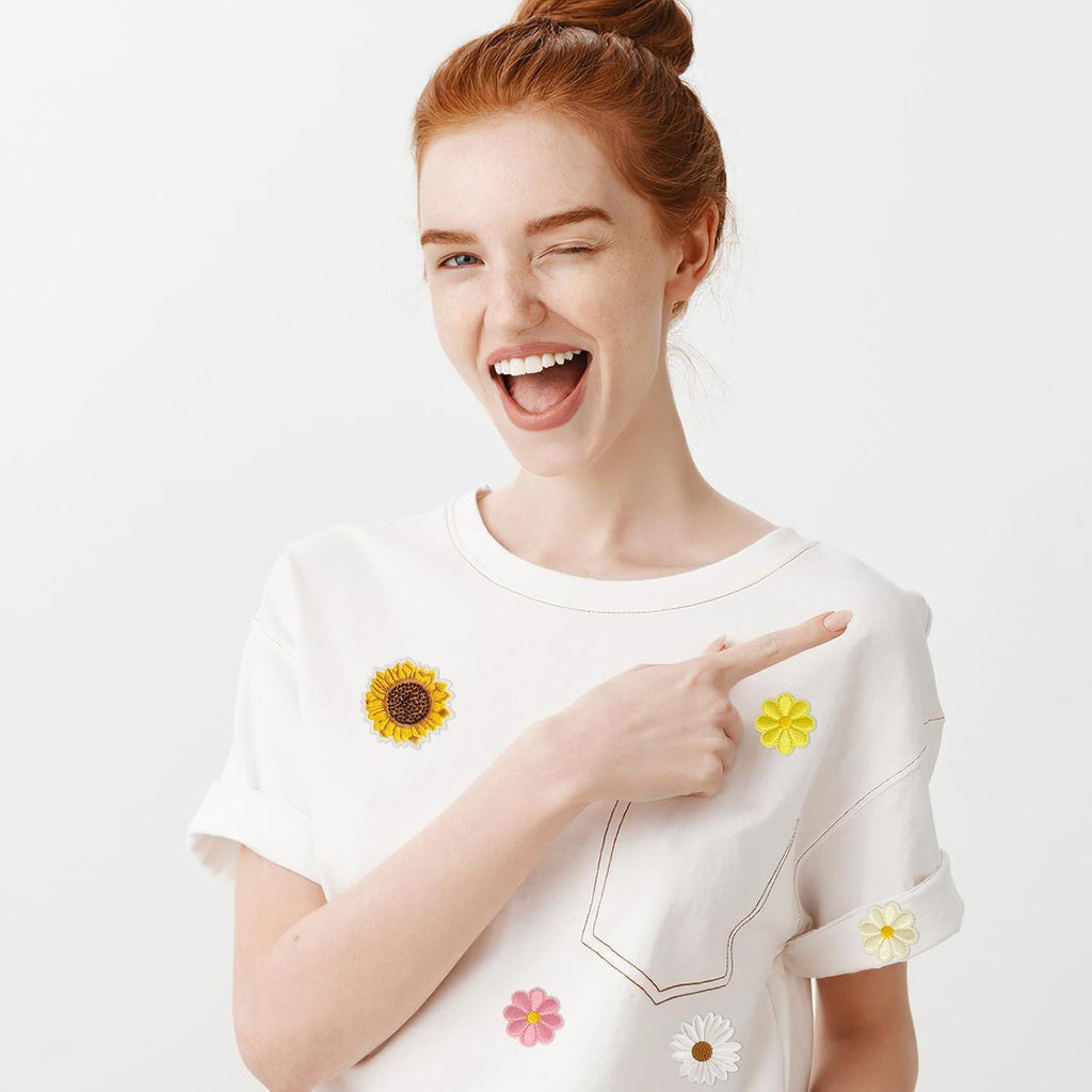 17 Pcs Flower Patches Iron On Daisy Flower Iron/Sew On Patch Sunflower Embroidered Appliques Patches Floral Embroidery Applique for DIY Clothes Backpacks Hats Jeans Jackets T-Shirt