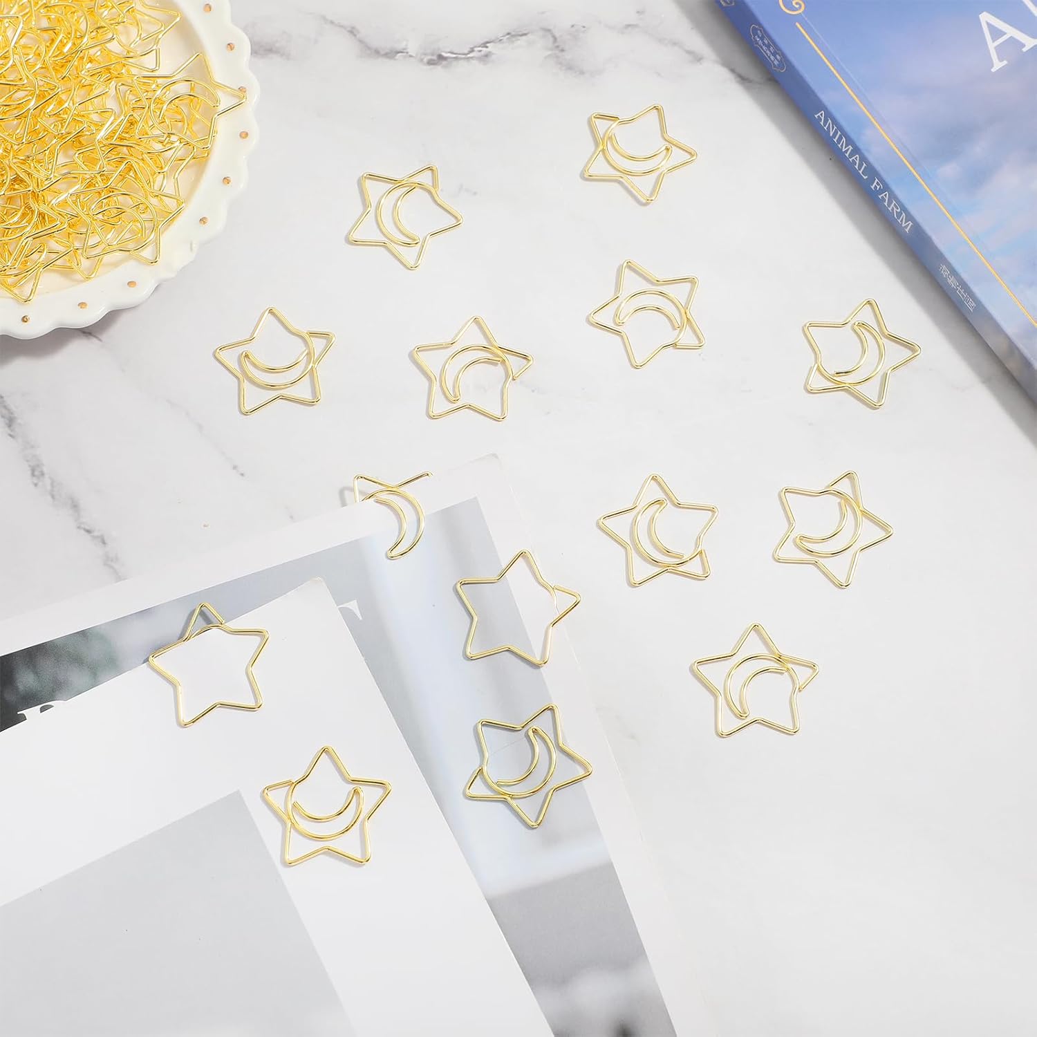 60PCS Decorative Paper Clips Creative Metal Moon and Star Shape Paper Clip Funny Cute Paperclips Gold Moonstar Shaped Paper Clips Bookmarks Planner Clips for Office Document School (Gold)
