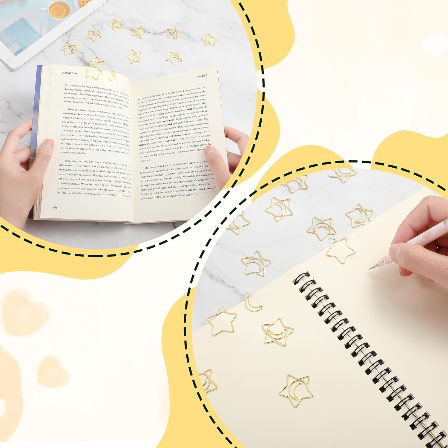 60PCS Decorative Paper Clips Creative Metal Moon and Star Shape Paper Clip Funny Cute Paperclips Gold Moonstar Shaped Paper Clips Bookmarks Planner Clips for Office Document School (Gold)