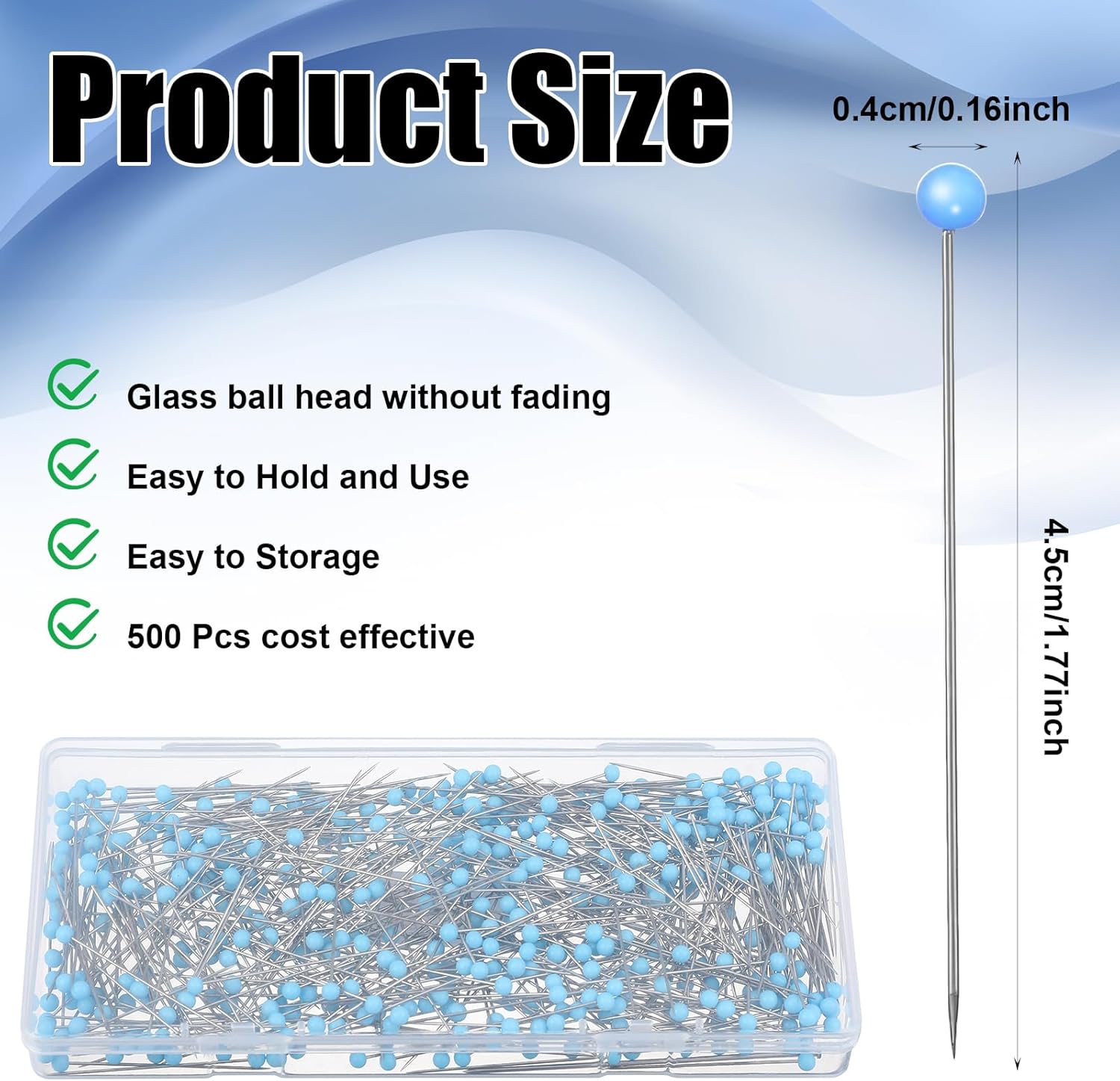 500 Pcs Quilting Pins Glass Head Sewing Pins Long Blue Glass Ball Head Sewing Pin for Fabric Stainless Steel Dressmaker with Transparent Plastic Box for Dressmaker Jewelry DIY Decoration