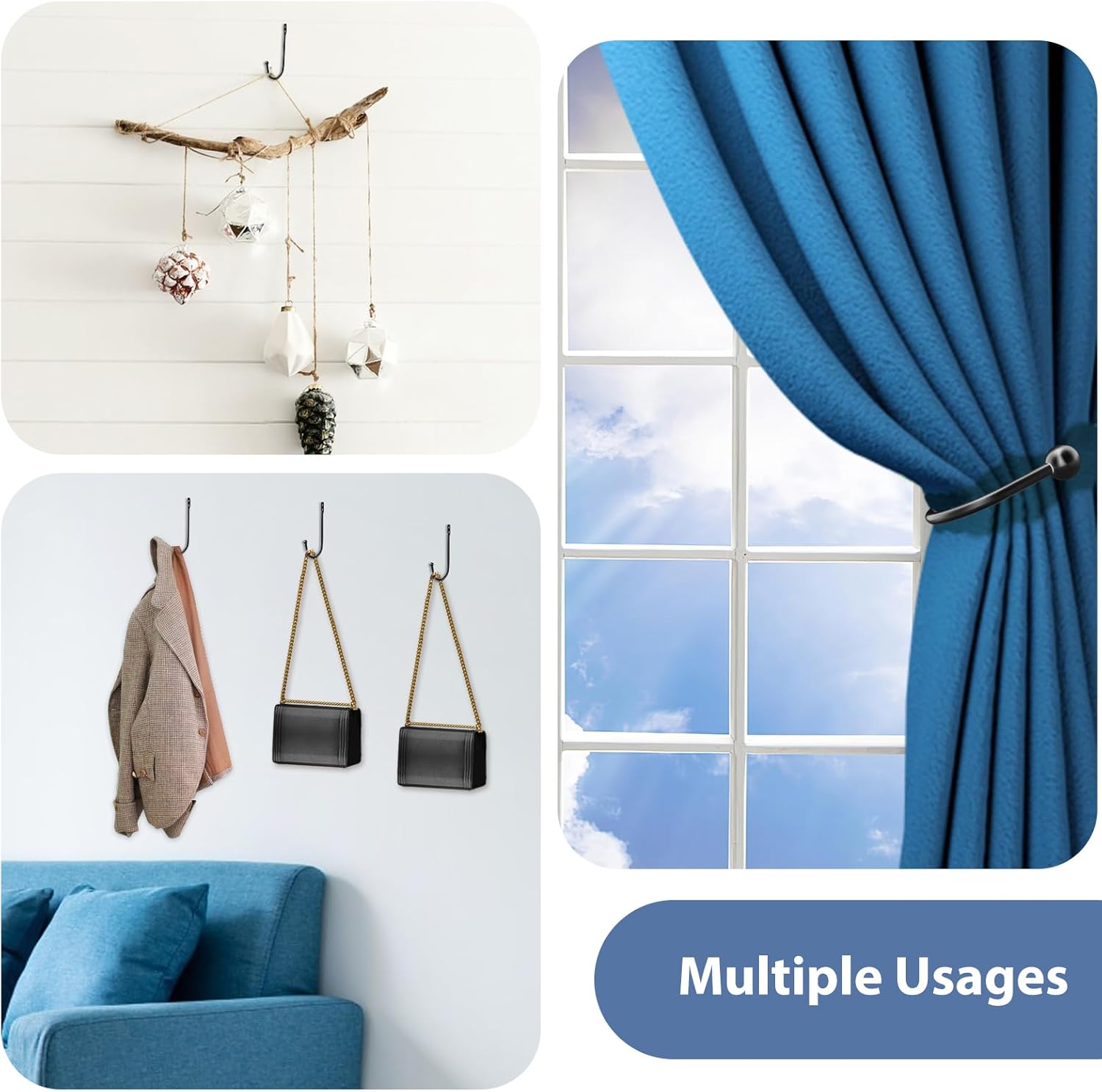 4Pack Decorative Curtain Drapery Holdbacks Curtain Tie Backs Simple Vintage Rustic Style Decor Curtains Hooks for Wall Ties for Drapes Black Tiebacks with Screws Black Metal U Shaped Pull Backs