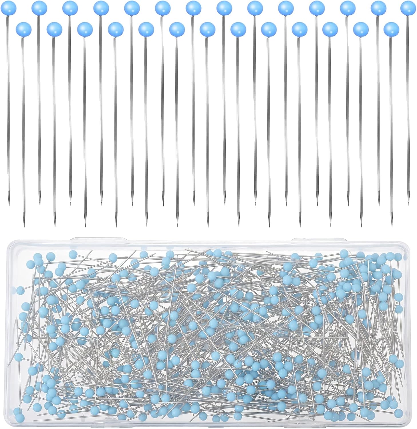 500 Pcs Quilting Pins Glass Head Sewing Pins Long Blue Glass Ball Head Sewing Pin for Fabric Stainless Steel Dressmaker with Transparent Plastic Box for Dressmaker Jewelry DIY Decoration
