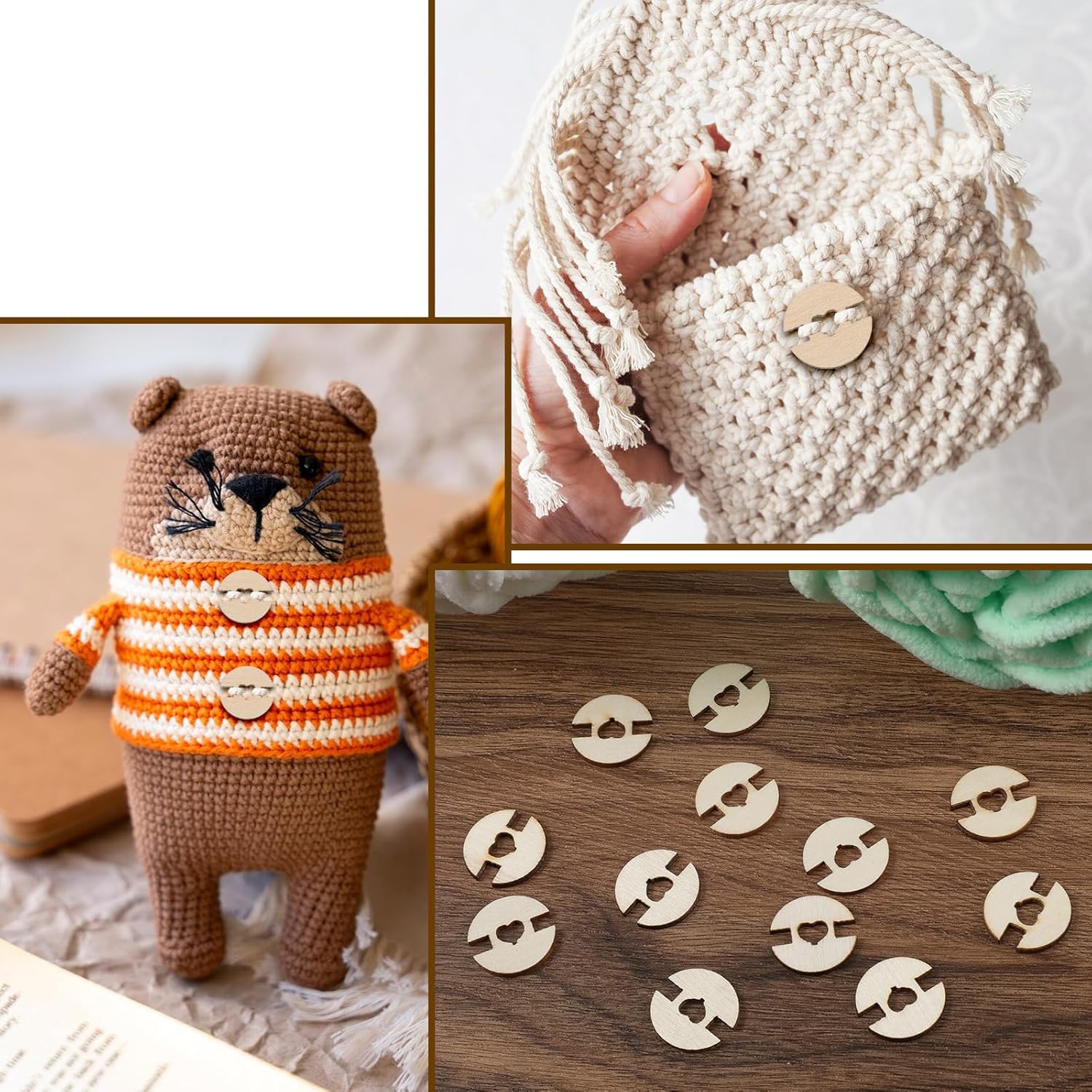 60 Pcs Pom Pom Buttons for Hats, Wooden Handmade Buttons to Attach Pom Poms to Hats Faux Fur Pom Pom Holder Keepers Fastener Removable Love Button Crafts for Knitting Beanies DIY Craft Decoration
