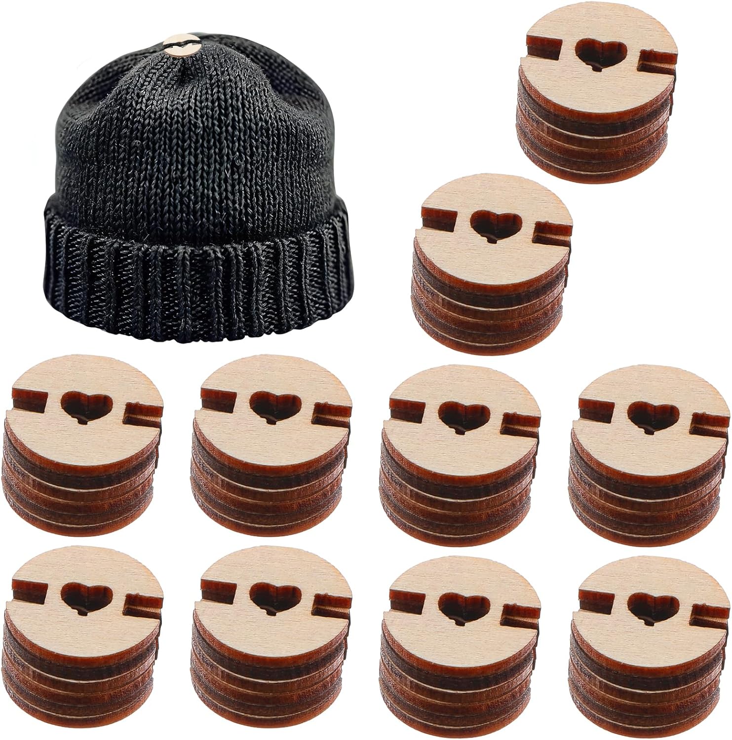60 Pcs Pom Pom Buttons for Hats, Wooden Handmade Buttons to Attach Pom Poms to Hats Faux Fur Pom Pom Holder Keepers Fastener Removable Love Button Crafts for Knitting Beanies DIY Craft Decoration