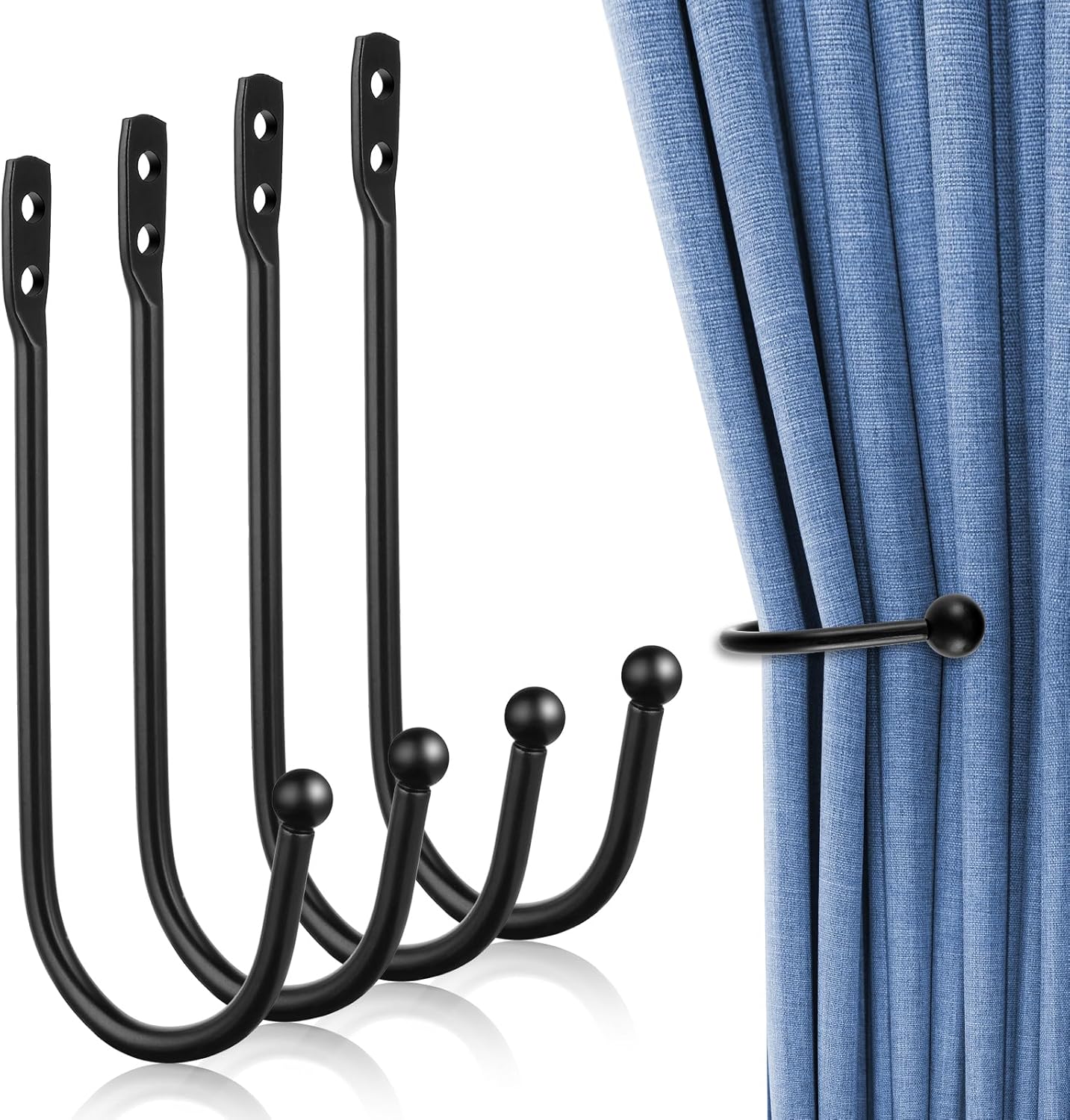 4Pack Decorative Curtain Drapery Holdbacks Curtain Tie Backs Simple Vintage Rustic Style Decor Curtains Hooks for Wall Ties for Drapes Black Tiebacks with Screws Black Metal U Shaped Pull Backs