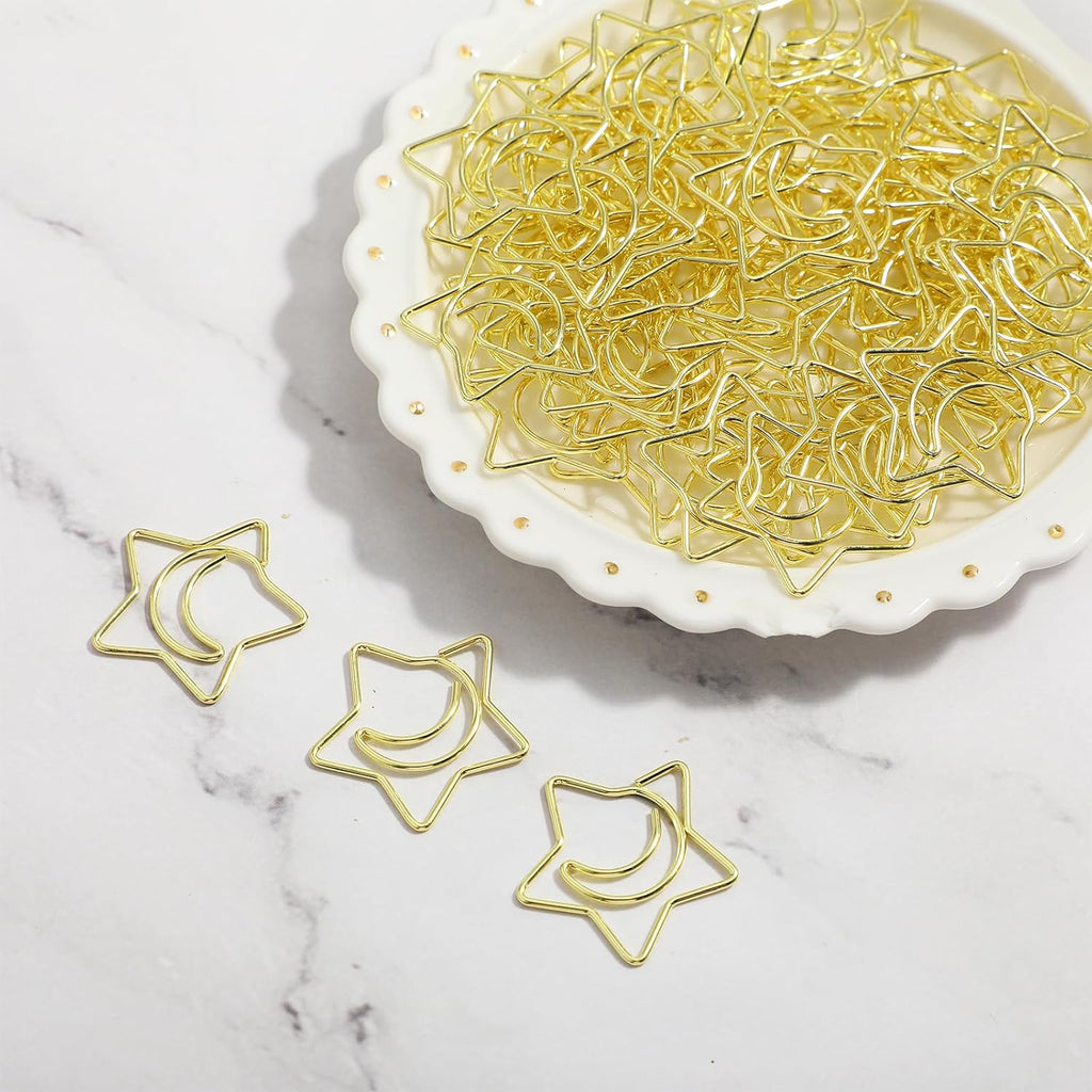 60PCS Decorative Paper Clips Creative Metal Moon and Star Shape Paper Clip Funny Cute Paperclips Gold Moonstar Shaped Paper Clips Bookmarks Planner Clips for Office Document School (Gold)