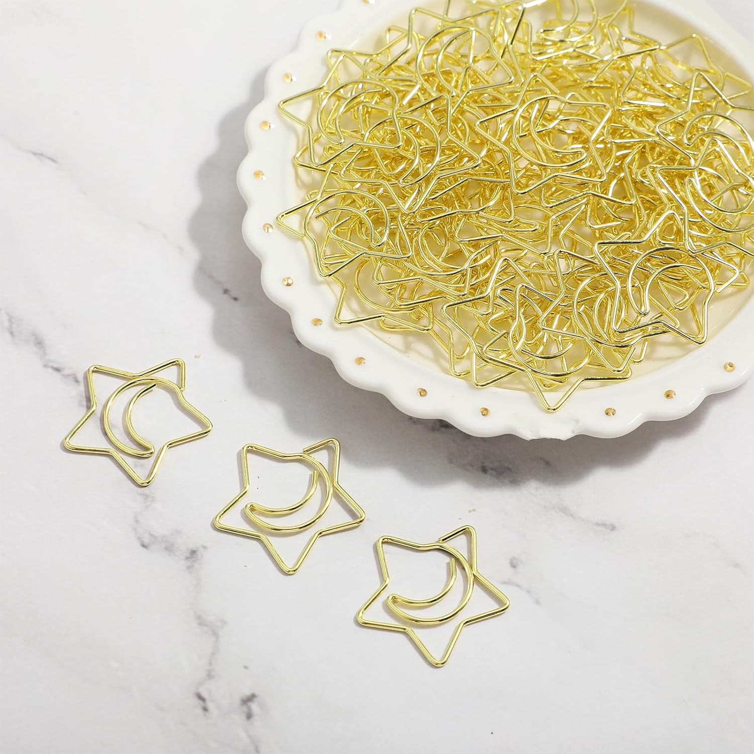 60PCS Decorative Paper Clips Creative Metal Moon and Star Shape Paper Clip Funny Cute Paperclips Gold Moonstar Shaped Paper Clips Bookmarks Planner Clips for Office Document School (Gold)