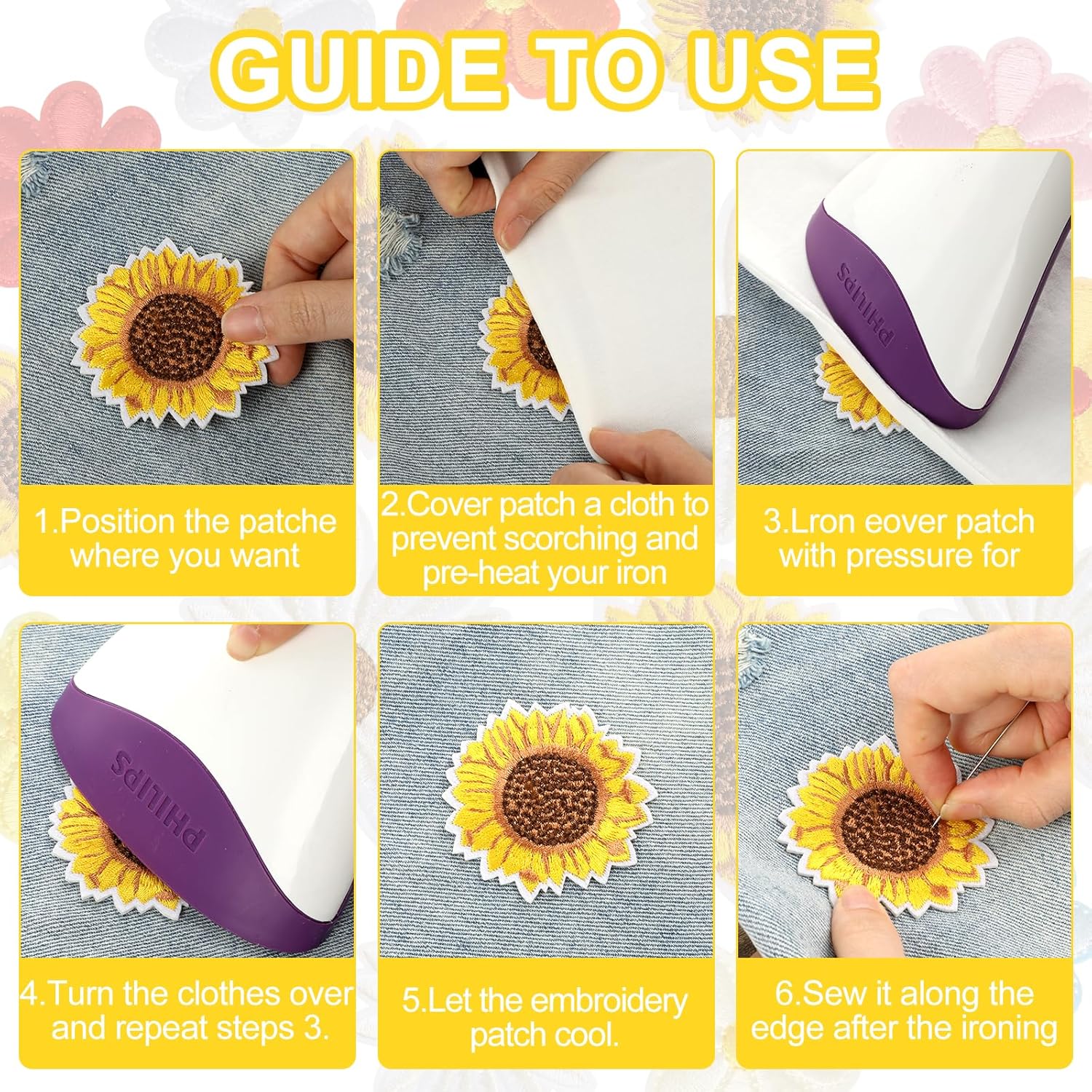 17 Pcs Flower Patches Iron On Daisy Flower Iron/Sew On Patch Sunflower Embroidered Appliques Patches Floral Embroidery Applique for DIY Clothes Backpacks Hats Jeans Jackets T-Shirt