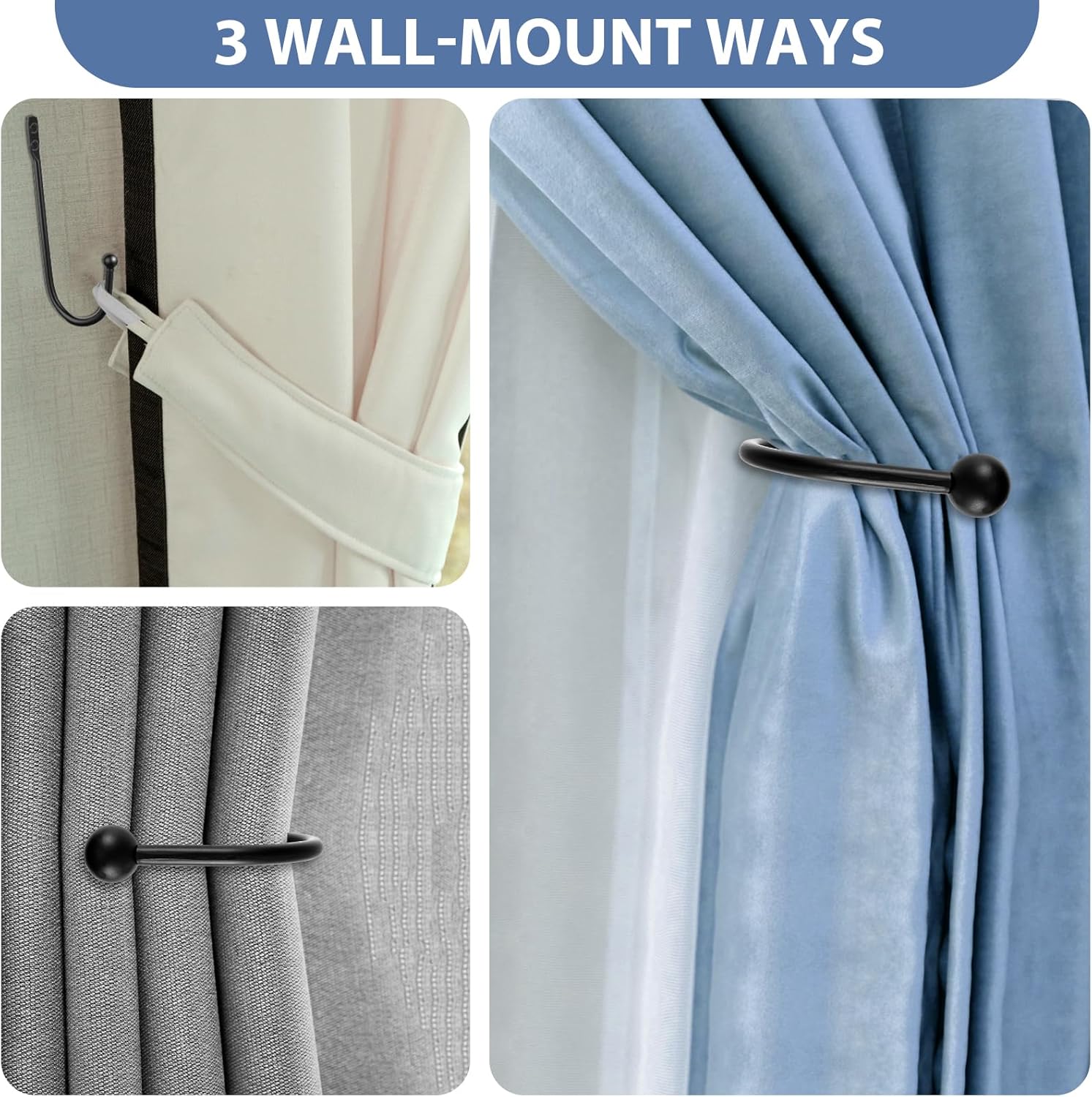 4Pack Decorative Curtain Drapery Holdbacks Curtain Tie Backs Simple Vintage Rustic Style Decor Curtains Hooks for Wall Ties for Drapes Black Tiebacks with Screws Black Metal U Shaped Pull Backs
