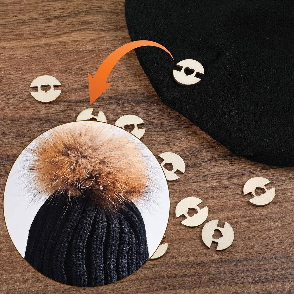 60 Pcs Pom Pom Buttons for Hats, Wooden Handmade Buttons to Attach Pom Poms to Hats Faux Fur Pom Pom Holder Keepers Fastener Removable Love Button Crafts for Knitting Beanies DIY Craft Decoration
