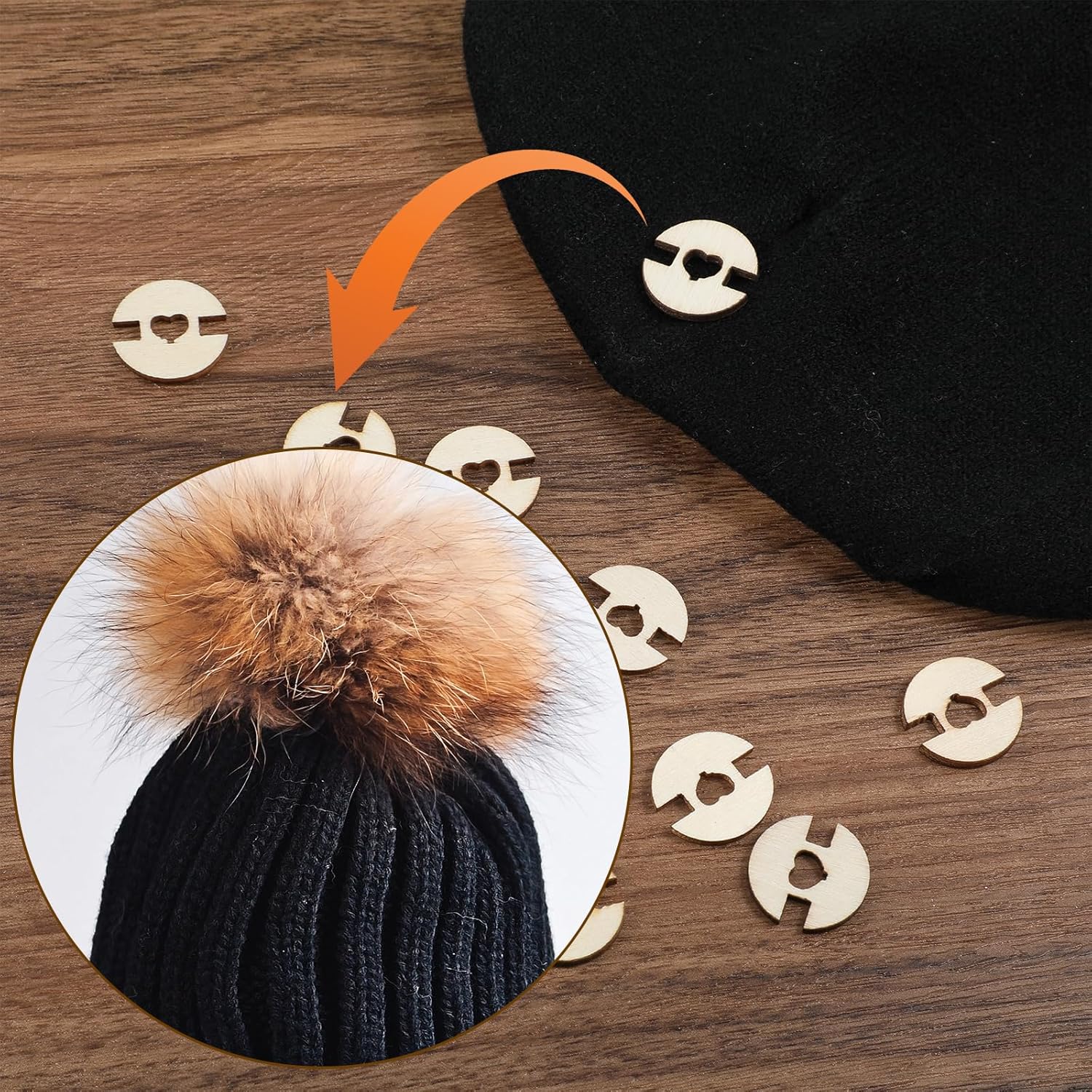 60 Pcs Pom Pom Buttons for Hats, Wooden Handmade Buttons to Attach Pom Poms to Hats Faux Fur Pom Pom Holder Keepers Fastener Removable Love Button Crafts for Knitting Beanies DIY Craft Decoration