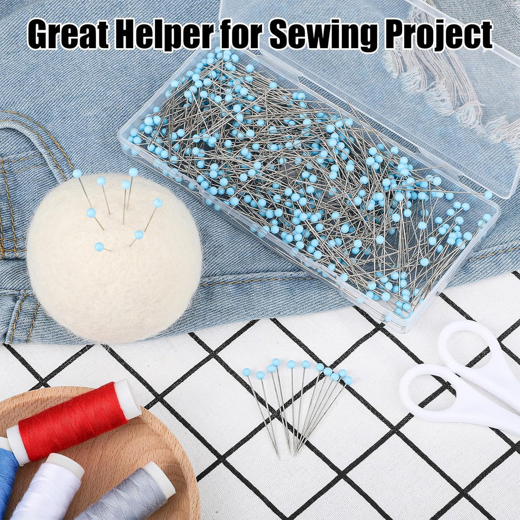 500 Pcs Quilting Pins Glass Head Sewing Pins Long Blue Glass Ball Head Sewing Pin for Fabric Stainless Steel Dressmaker with Transparent Plastic Box for Dressmaker Jewelry DIY Decoration